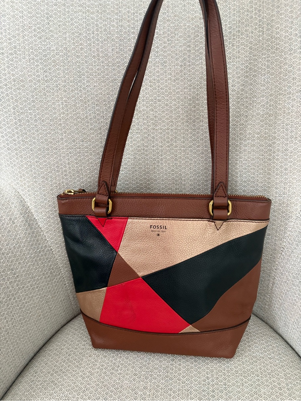 Fossil 1954 Collection, Brown, Red, Black & Cream Geometric Leather Shoulder Bag
